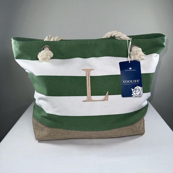 NWT Yoolife Large Canvas Personalized Beach Tote and Small Pouch Burlap Bottom - Picture 2 of 16